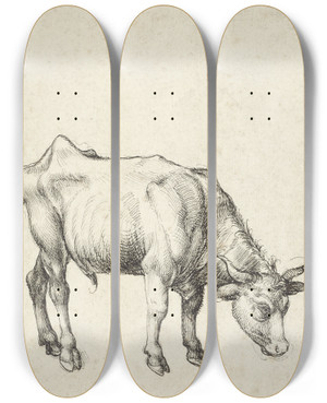 Triptych art skateboard deck of Albrecht Drer Young Bull by Albrecht Durer (1471-1528)