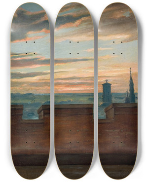 Triptych art skateboard deck of Martinus Rrbye View Of Copenhagen At Sunset by Martinus Rorbye (1803-1848)