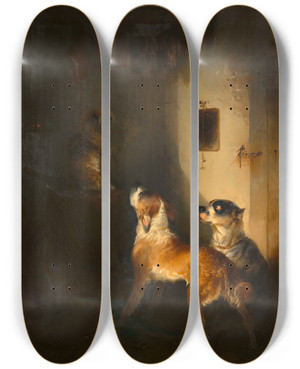 Triptych art skateboard deck of Carl Pischinger Drei Hunde In Einer Fleischkammer by Carl Pischinger (1823-1886)