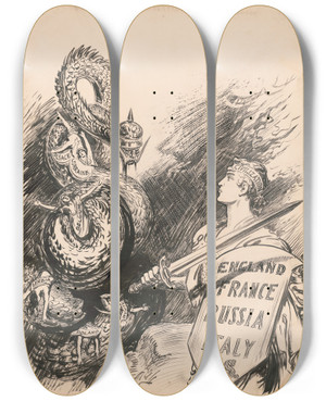 Triptych art skateboard deck of William Allen Rogers Until This Monster Is Destroyed There Is No Peace by William Allen Rogers (1854-1931)