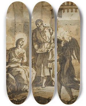 Triptych art skateboard deck of Anton Raphael Mengs Saint Peter Visiting Saint Agatha In Prison And Healing Her Wounds by Anton Raphael Mengs (1728-1779)