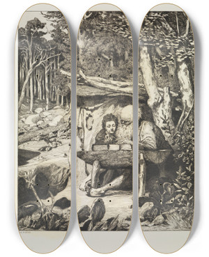 Triptych art skateboard deck of Max Klinger Simplici Schreibstunde Intermezzi Opus Iv Blatt 7 by Max Klinger (1857-1920)