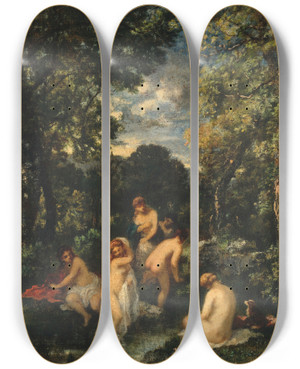 Triptych art skateboard deck of Narcissevirgile Diaz De La Pea Bathers In A Forest Stream by Narcisse-Virgile Diaz de La Pea (1808-1876)