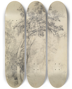 Triptych art skateboard deck of Ferdinand Keller Im Urwald Baumstudie by Ferdinand Keller (1842-1922)