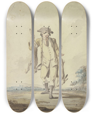 Triptych art skateboard deck of Gottlieb Welt Jger Zwei Erlegte Hasen Tragend by Gottlieb Welte (1745-1792)