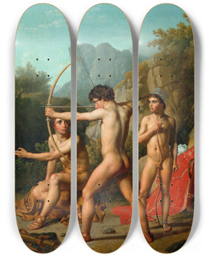 Triptych art skateboard deck of Christoffer Wilhelm Eckersberg Three Spartan Boys Practising Archery by Christoffer Wilhelm Eckersberg (1783-1853)