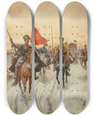 Triptych art skateboard deck of Adolf Baumgartnerstoiloff The Escort by Adolf Baumgartner Stoiloff (1850-1924)
