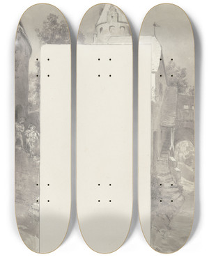 Triptych art skateboard deck of Wilhelm Steinhausen Diethers Liberation by Wilhelm Steinhausen (1846-1924)
