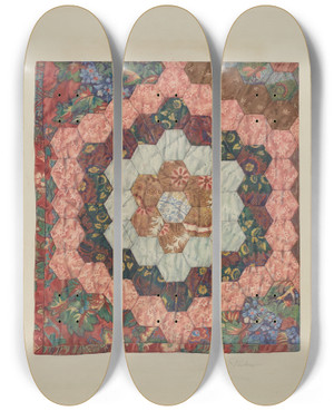 Triptych art skateboard deck of Carmel Wilson Quilt by Carmel Wilson