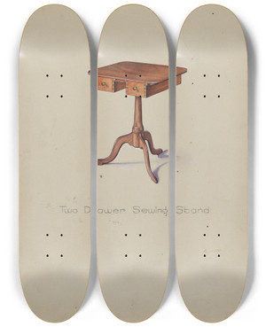 Triptych art skateboard deck of Irving I Smith Shaker Tripod Sewing Stand by Irving I Smith