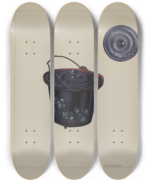 Triptych art skateboard deck of William O Fletcher Childs Toy Iron Kettle by William O Fletcher
