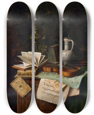 Triptych art skateboard deck of William Michael Harnett Still Life With Violin by William Michael Harnett (1848-1892)