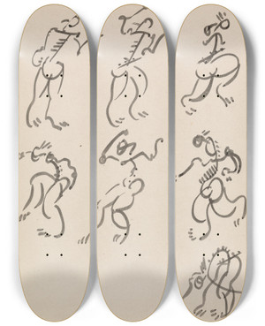 Triptych art skateboard deck of Henri Gaudierbrzeska Seven Dancing Figures In Three Registers by Henri Gaudier-Brzeska (1891-1915)