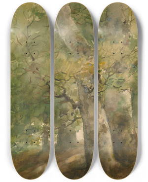 Triptych art skateboard deck of Charles Mente A Forestscene by Charles Mente (1857-1933)