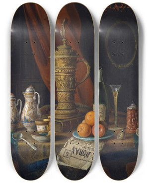 Triptych art skateboard deck of Moritz Mansfeld Stillleben Mit Deckelhumpen by Moritz Mansfeld (1850-1890)