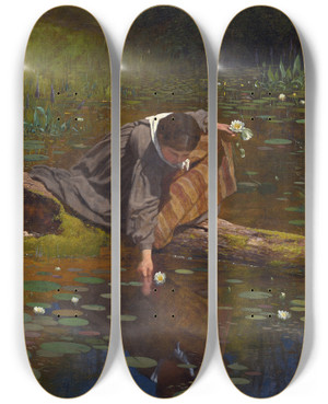 Triptych art skateboard deck of Eastman Johnson Gathering Lilies by Eastman Johnson (1824-1906)
