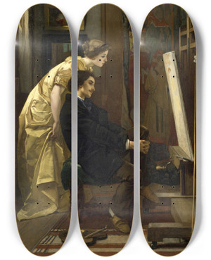 Triptych art skateboard deck of Alfred Stevens The Painter And His Model by Alfred Stevens (1817-1875)