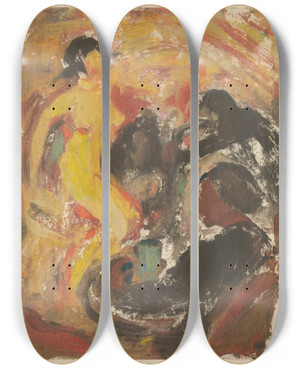 Triptych art skateboard deck of Zolo Palugyay Pri Stole by Zolo Palugyay (1898-1935)