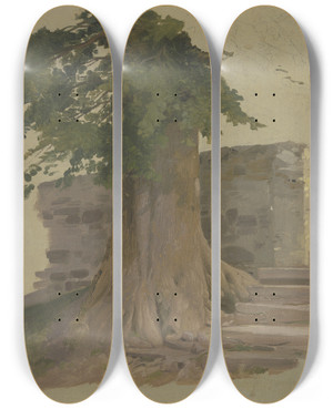 Triptych art skateboard deck of Jakob Becker Alter Baum An Einem Mauerstck_2 by Jakob Becker (1810-1872)
