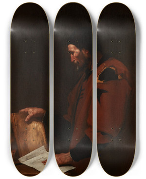 Triptych art skateboard deck of Jusepe De Ribera A Philosopher Probably Euclid by Jusepe de Ribera (1591-1652)