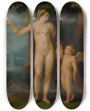 Triptych art skateboard deck of Cornelis Cornelisz Van Haarlem Venus And Cupid In A Landscape by Cornelis Cornelisz Van Haarlem (1562-1638)
