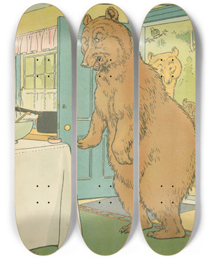 Triptych art skateboard deck of Leonard Leslie Brooke The Bears Return Home by Leonard Leslie Brooke (1862-1940)