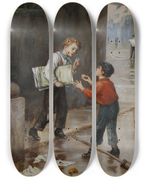 Triptych art skateboard deck of Augustus Edwin Mulready Luck In A Moment by Augustus Edwin Mulready (1844-1904)