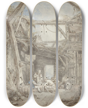 Triptych art skateboard deck of Hubert Robert Ruined Farm by Hubert Robert (1733-1808)
