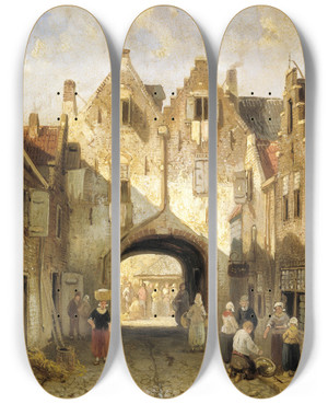 Triptych art skateboard deck of Charles Leickert The Old Gate by Charles Leickert (1816-1907)
