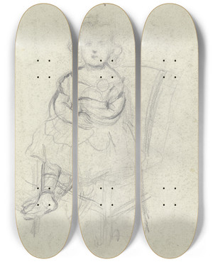 Triptych art skateboard deck of Otto Scholderer Mdchen Mit Puppe Auf Einem Stuhl Sitzend by Otto Scholderer (1834-1902)