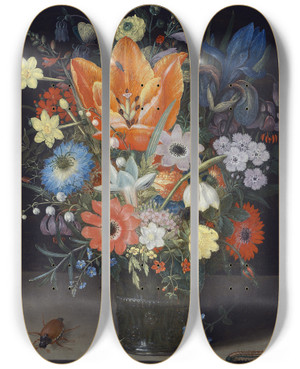 Triptych art skateboard deck of Peter Binoit Still Life With Iris by Peter Binoit (1590-1632)