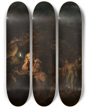 Triptych art skateboard deck of Joseph Wright Of Derby A Philosopher By Lamplight by Joseph Wright Of Derby (1734-1797)