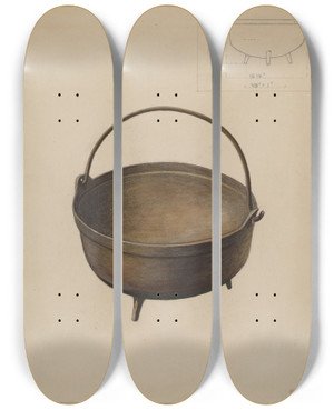 Triptych art skateboard deck of Hugh Clarke Fireplace Kettle by Hugh Clarke