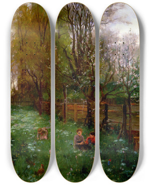 Triptych art skateboard deck of Johann Sperl Obstbaumgarten Im Frhling by Johann Sperl (1840-1914)