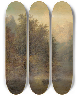 Triptych art skateboard deck of Eduard Boehm Alpine Landscape With A Boat by Eduard Boehm (1830-1890)