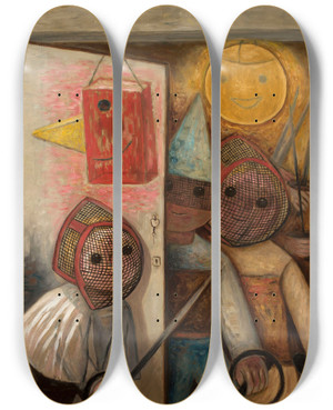 Triptych art skateboard deck of Tadeusz Makowski Swordsmen by Tadeusz Makowski (1882-1932)