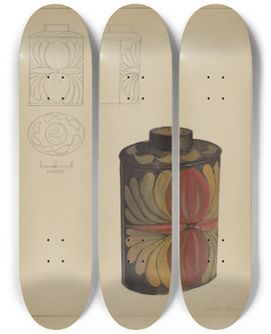 Triptych art skateboard deck of Janet Riza Toleware Tea Caddy by Janet Riza (20-)