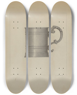 Triptych art skateboard deck of A Zaidenberg Pewter Mug by A Zaidenberg