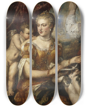 Triptych art skateboard deck of Workshop Of Titian Venus Blindfolding Cupid by Workshop of Titian (1485-1576)