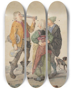 Triptych art skateboard deck of Cornelis Dusart Peasant Couple With A Drinker by Cornelis Dusart (1660-1704)