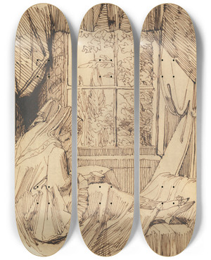 Triptych art skateboard deck of Henry Fuseli Woman Reading Seated Before A Window by Henry Fuseli (1741-1825)