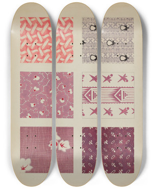 Triptych art skateboard deck of Dorothy Posten Materials From Quilt_1 by Dorothy Posten