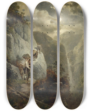 Triptych art skateboard deck of Josef Thoma Anstieg In Einer Mondnacht by Josef Thoma (1828-1899)