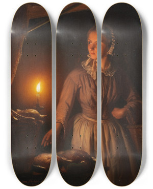 Triptych art skateboard deck of Petrus Van Schendel The Night Stall by Petrus Van Schendel (1806-1870)