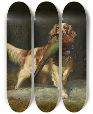Triptych art skateboard deck of Alexander Pope Springer Spaniel With Pheasant by Alexander Pope