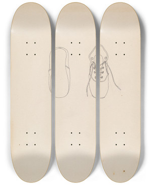 Triptych art skateboard deck of Mae A Clarke Baby Shoe by Mae A Clarke