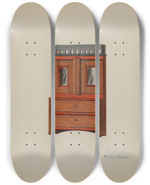 Triptych art skateboard deck of Richard Taylor Toy Cupboard by Richard Taylor