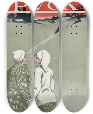 Triptych art skateboard deck of Frank Arthur Nankivell The Best Part Of Coasting The Walk Back by Frank Arthur Nankivell (1869-1959)