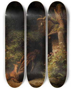 Triptych art skateboard deck of Carl Trost Der Waidbruder by Carl Trost (1811-1884)