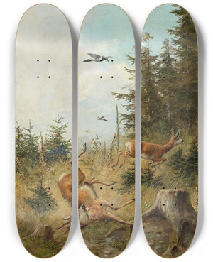 Triptych art skateboard deck of Moritz Mller The Hunt by Moritz Melzer (1841-1899)